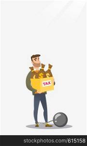 Chained caucasian taxpayer carrying heavy bags with taxes. Upset taxpayer holding heavy bags with dollar sign. Concept of tax time and taxpayer. Vector flat design illustration. Vertical layout.. Chained woman with bags full of taxes.