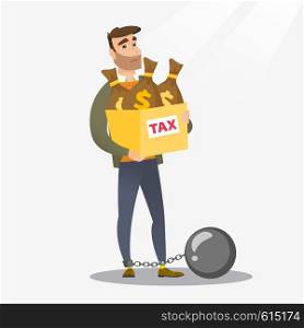 Chained caucasian taxpayer carrying heavy bags with taxes. Upset taxpayer holding heavy bags with dollar sign. Concept of tax time and taxpayer. Vector flat design illustration. Square layout.. Chained woman with bags full of taxes.