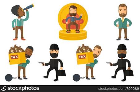 Chained taxpayer carrying heavy bags with taxes. Upset taxpayer holding bags with dollar sign. Concept of tax time and taxpayer. Set of vector flat design illustrations isolated on white background.. Vector set of illustrations with business people.