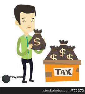Chained to a ball asian taxpayer standing near bags with taxes. Taxpayer holding bag with dollar sign. Concept of tax time and taxpayer. Vector flat design illustration isolated on white background.. Chained taxpayer with bags full of taxes.