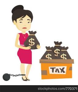 Chained to a ball asian taxpayer standing near bags with taxes. Taxpayer holding bag with dollar sign. Concept of tax time and taxpayer. Vector flat design illustration isolated on white background.. Chained taxpayer with bags full of taxes.