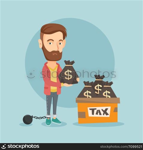 Chained to a ball hipster taxpayer with beard standing near bags with taxes. Upset taxpayer holding bag with dollar sign. Tax time and taxpayer concept. Vector flat design illustration. Square layout.. Chained taxpayer with bags full of taxes.
