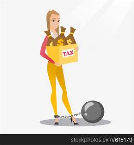 Chained to a ball taxpayer standing near bags with taxes. Upset business woman taxpayer holding bag with dollar sign. Concept of tax time and taxpayer. Vector flat design illustration. Square layout.. Chained woman with bags full of taxes.