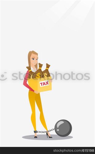 Chained to a ball taxpayer standing near bags with taxes. Upset business woman taxpayer holding bag with dollar sign. Concept of tax time and taxpayer. Vector flat design illustration. Vertical layout. Chained woman with bags full of taxes.