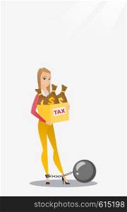 Chained to a ball taxpayer standing near bags with taxes. Upset business woman taxpayer holding bag with dollar sign. Concept of tax time and taxpayer. Vector flat design illustration. Vertical layout. Chained woman with bags full of taxes.