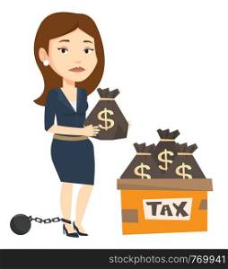 Chained to a ball taxpayer standing near bags with taxes. Upset taxpayer holding bag with dollar sign. Concept of tax time and taxpayer. Vector flat design illustration isolated on white background.. Chained woman with bags full of taxes.