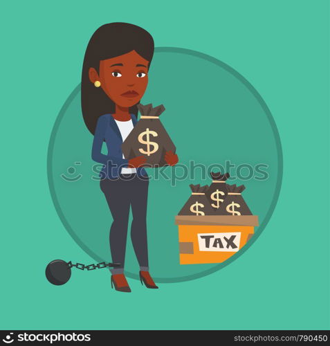 Chained to a ball taxpayer standing near bags with taxes. Business woman holding bag with taxes. Concept of tax time and taxpayer. Vector flat design illustration in the circle isolated on background.. Chained woman with bags full of taxes.
