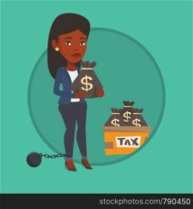 Chained to a ball taxpayer standing near bags with taxes. Business woman holding bag with taxes. Concept of tax time and taxpayer. Vector flat design illustration in the circle isolated on background.. Chained woman with bags full of taxes.