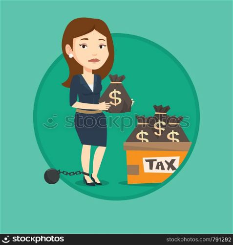 Chained to a ball taxpayer standing near bags with taxes. Taxpayer holding bag with dollar sign. Concept of tax time and taxpayer. Vector flat design illustration in the circle isolated on background.. Chained woman with bags full of taxes.