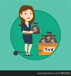 Chained to a ball taxpayer standing near bags with taxes. Taxpayer holding bag with dollar sign. Concept of tax time and taxpayer. Vector flat design illustration in the circle isolated on background.. Chained woman with bags full of taxes.
