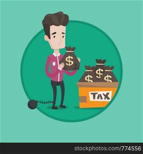 Chained to a ball taxpayer standing near bags with taxes. Businessman holding bag with taxes. Concept of tax time and taxpayer. Vector flat design illustration in the circle isolated on background.. Chained man with bags full of taxes.