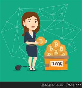 Chained to a ball upset taxpayer standing near the box full of golden bitcoin coins for the payment of taxes. Concept of taxes on income from bitcoins. Vector cartoon illustration. Square layout.. Woman putting bitcoin coin in box for taxes.