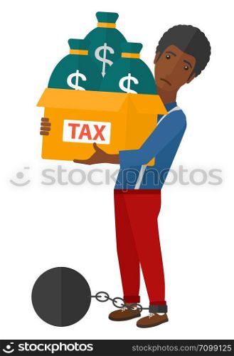 Chained to a large ball african-american businessman carrying heavy box with bags full of taxes vector flat design illustration isolated on white background. . Chained man with bags full of taxes.