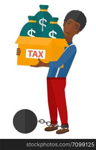 Chained to a large ball african-american businessman carrying heavy box with bags full of taxes vector flat design illustration isolated on white background. . Chained man with bags full of taxes.