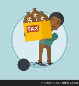 Chained to a large ball african-american businessman carrying heavy box with bags full of taxes. Concept of tax time and taxpayer. Vector flat design illustration in the circle isolated on background. Chained businessman carrying bags full of taxes.