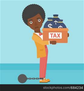Chained to a large ball an african-american business woman carrying heavy box with bags full of taxes. Vector flat design illustration. Square layout.. Chained business woman with bags full of taxes.