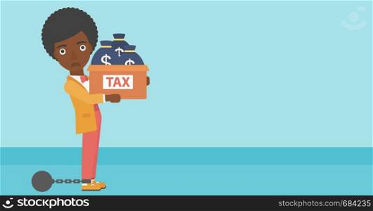 Chained to a large ball an african-american business woman carrying heavy box with bags full of taxes. Vector flat design illustration. Horizontal layout.. Chained business woman with bags full of taxes.