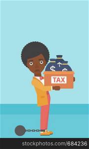 Chained to a large ball an african-american business woman carrying heavy box with bags full of taxes. Vector flat design illustration. Vertical layout.. Chained business woman with bags full of taxes.