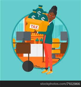 Chained to a large ball an african-american business woman standing in the office and carrying heavy box with bags full of taxes. Vector flat design illustration in the circle isolated on background.. Chained woman with bags full of taxes.
