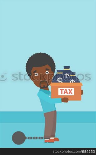 Chained to a large ball an african-american businessman carrying heavy box with bags full of taxes. Vector flat design illustration. Vertical layout.. Chained businessman with bags full of taxes.