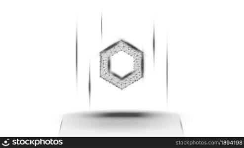 ChainLink LINK token symbol of the DeFi system above the pedestal on white background. Cryptocurrency logo icon. Decentralized finance programs. Vector illustration for website or banner.