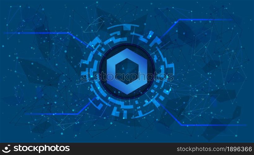 ChainLink token symbol of the DeFi project in a digital circle with a cryptocurrency theme on a blue background. Link cryptocurrency icon. Decentralized finance programs. Copy space. Vector EPS10.