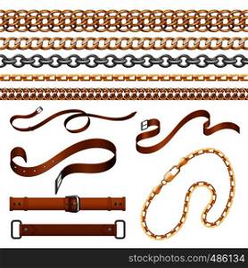 Chains and braids. Bracelets leather belts and golden furniture elements, ornamental jewellery set. Vector shiny elegant fabric and buckle set. Chains and braids. Bracelets leather belts and golden furniture elements, ornamental jewellery set. Vector fabric and buckle set