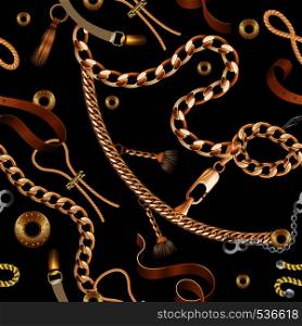 Chains and braids seamless pattern. Golden embroidery and ornamental wallpaper with leather belt. Vector realistic buckles furniture repeating illustration. Chains and braids seamless pattern. Golden embroidery and ornamental wallpaper with leather belt. Vector realistic buckles furniture