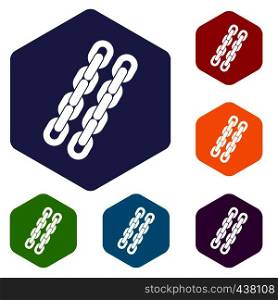 Chains icons set hexagon isolated vector illustration. Chains icons set hexagon