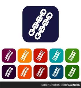 Chains icons set vector illustration in flat style In colors red, blue, green and other. Chains icons set flat