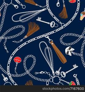 Chains seamless pattern. Fashion silver chain, key and leather belts repeated vector, jewelry accessories repeating fabric design. Chains seamless pattern