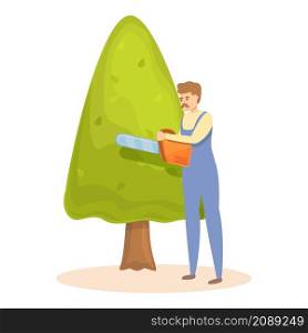 Chainsaw fir tree cutting icon cartoon vector. Garden hedge. Worker man. Chainsaw fir tree cutting icon cartoon vector. Garden hedge