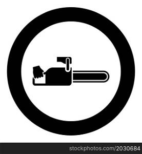 Chainsaw in hand lumberjack woodcutter icon in circle round black color vector illustration image solid outline style simple. Chainsaw in hand lumberjack woodcutter icon in circle round black color vector illustration image solid outline style