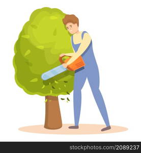 Chainsaw tree trimming icon cartoon vector. Garden hedge. Man worker. Chainsaw tree trimming icon cartoon vector. Garden hedge