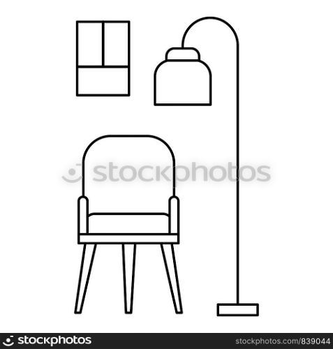 Chair and room lamp icon. Outline illustration of chair and room lamp vector icon for web design isolated on white background. Chair and room lamp icon, outline style