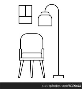 Chair and room lamp icon. Outline illustration of chair and room lamp vector icon for web design isolated on white background. Chair and room lamp icon, outline style