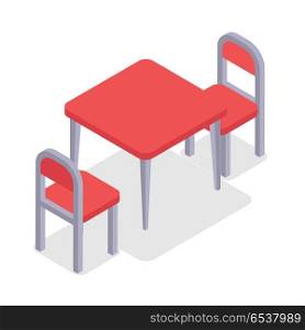 Chair and table isometric design. Cafe furniture. Chair and table isometric design. Dinner table chair isolated, isometric furniture, room interior, home furniture indoor and office desk vector illustration. Two red chairs and kitchen table