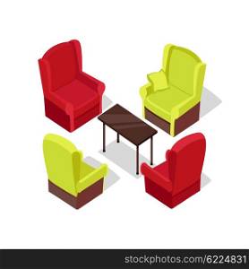 Chair and table isometric design. Table and chair isolated, office isometric furniture, room interior, home furniture indoor and office desk vector illustration