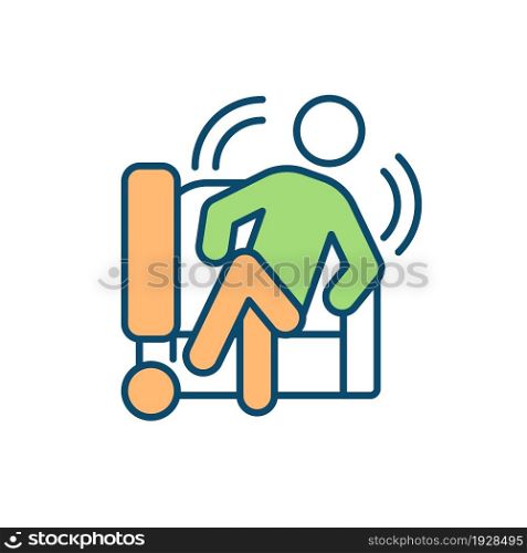 Chair-based fidgeting RGB color icon. Concentration and focus lacking. Squirming in seat. Irregular hands and feet movements. Adult with ADHD. Isolated vector illustration. Simple filled line drawing. Chair-based fidgeting RGB color icon