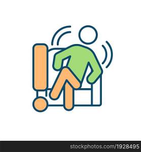 Chair-based fidgeting RGB color icon. Concentration and focus lacking. Squirming in seat. Irregular hands and feet movements. Adult with ADHD. Isolated vector illustration. Simple filled line drawing. Chair-based fidgeting RGB color icon