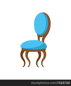 Chair classic design, wooden bent legs and soft blue seat, elegant furniture with front view. Object for sitting, one place for relaxation on white vector. Chair Classic Design, Wooden and Soft Seat Vector