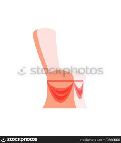 Chair decorated with cloth, one seat, element of restaurant furniture. Interior object for public dining place, side view of soft sign on white vector. Pink Chair Decorated by Cloth One Seat Vector Icon
