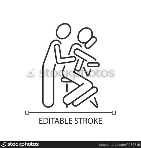 Chair massage linear icon. Performing treatment in seated position. Relax muscles in upper body. Thin line customizable illustration. Contour symbol. Vector isolated outline drawing. Editable stroke. Chair massage linear icon