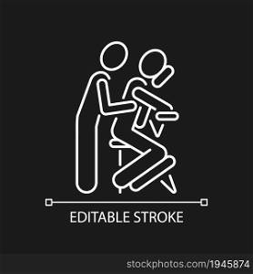 Chair massage white linear icon for dark theme. Performing treatment in seated position. Thin line customizable illustration. Isolated vector contour symbol for night mode. Editable stroke. Chair massage white linear icon for dark theme