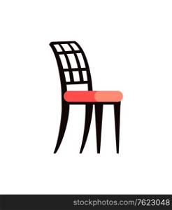 Chair object, wood or metal element of furniture in black and pink colors. Empty one sit, back with holes, front view of classic soft seat on white vector. Chair in Black and Pink Colors, Soft Seat Vector