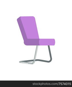 Chair side view, designer purple soft fabric seat with metal legs, modern 3D furniture element. Empty one place for sitting, decoration interior vector. Chair Purple Soft Seat with Metal Legs Vector