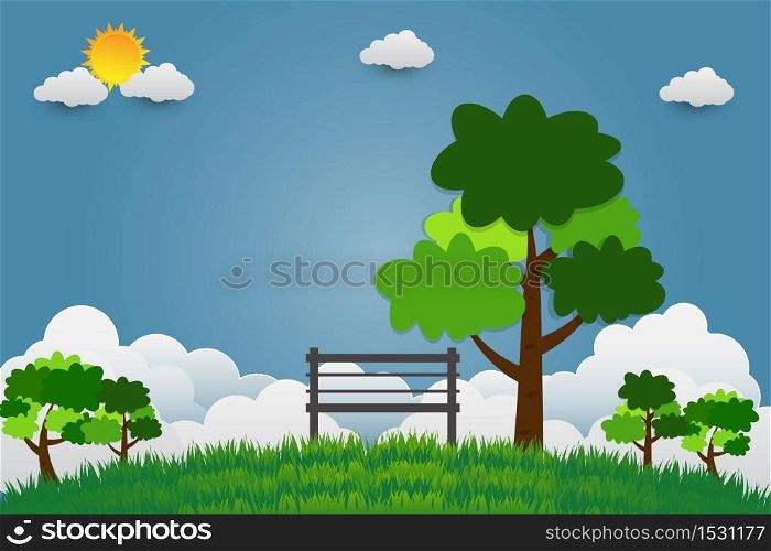 Chair with tree at public park on a bright sky,Vector illustration