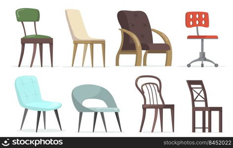 Chairs and armchairs set. Home and office furniture, seats for living rooms or workplaces. Vector illustrations for interior design, furniture store concept
