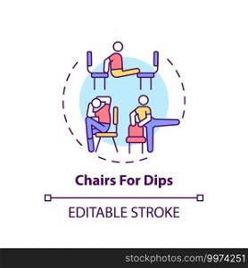 Chairs for dips concept icon. Gym exercise alternative idea thin line illustration. Extending elbow, forearm. Chest-strengthening exercises. Vector isolated outline RGB color drawing. Editable stroke. Chairs for dips concept icon