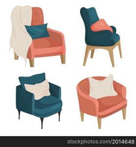 Chairs for home interior, isolated on a white background. Vector cartoon set of wooden chairs with armrests, comfortable seats for the living room. Modern leisure furniture